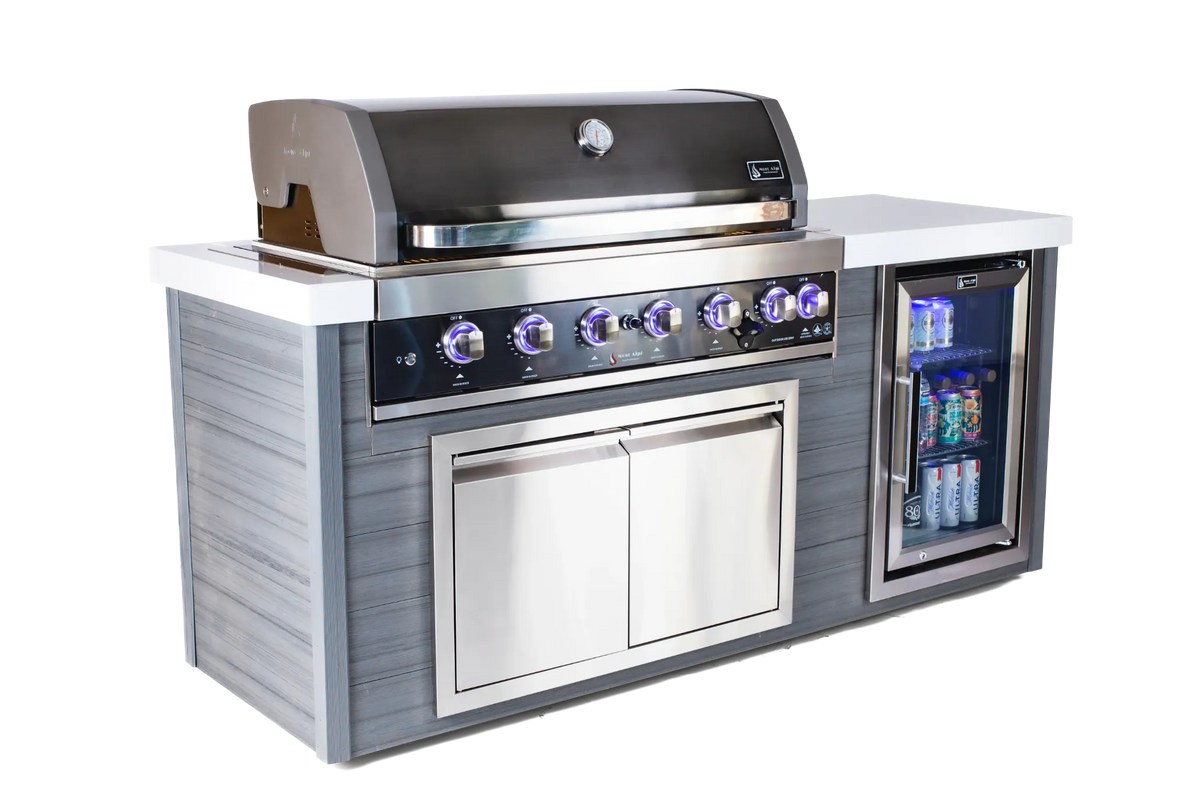 Mont Alpi MA805-AWBSS 6-burner Artwood outdoor kitchen angled view