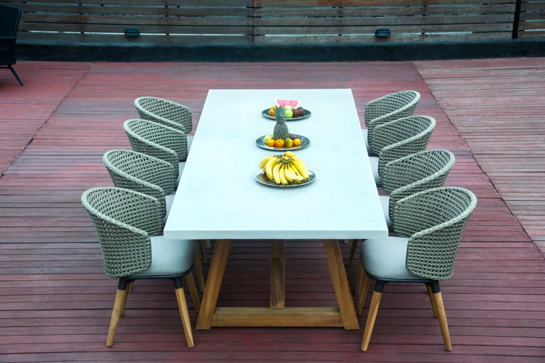 Mountain House Mika large dining table with eight Charlotte dining arm chairs