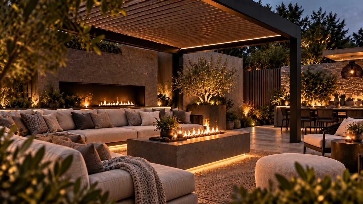 Luxury covered outdoor lounge with pergola, fire table and premium seating