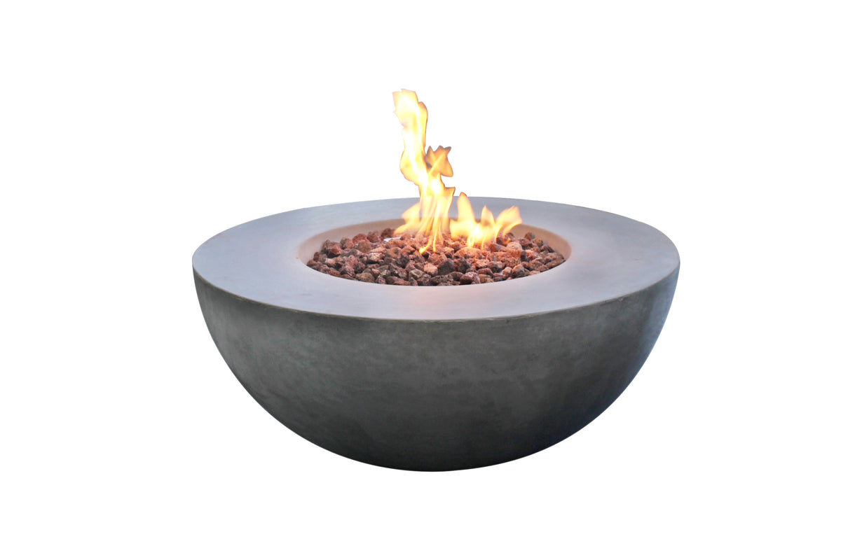 Modeno Roca light-gray round fire table with lava rock and flame
