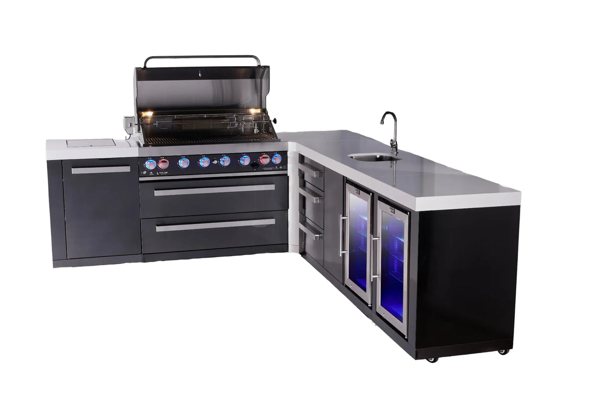 Mont Alpi MAi805-BSS90BEVFCDR Black Series L-Shape outdoor kitchen open grill view