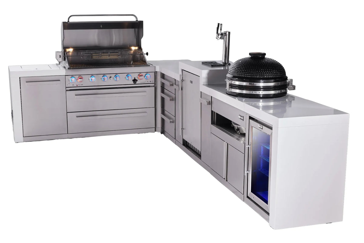 Mont Alpi MAi805-D90KEGFCKAMDR Deluxe L-Shape outdoor kitchen open grill and Kamado view