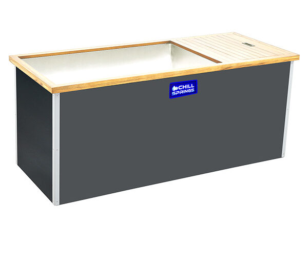 Chill Springs cold plunge with teak top and dark exterior, full-unit view