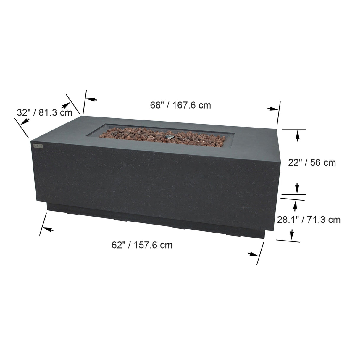 Elementi Andes Dark Gray dimensions: 66 inches long, 32 inches wide and 22 inches high