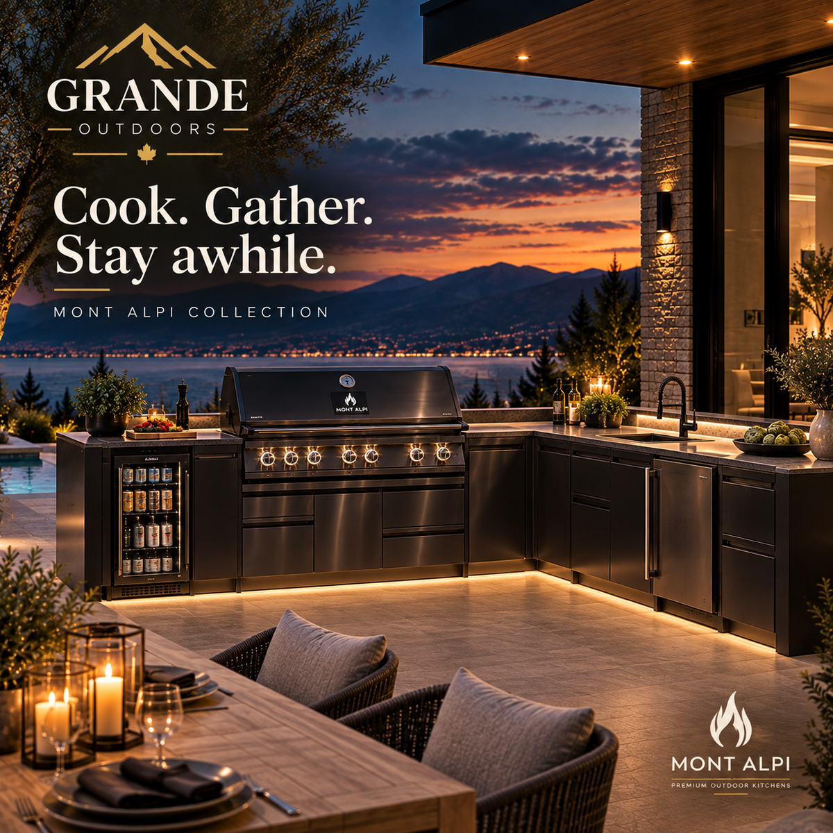 Mont Alpi 805 Black Series L-shape outdoor kitchen at dusk