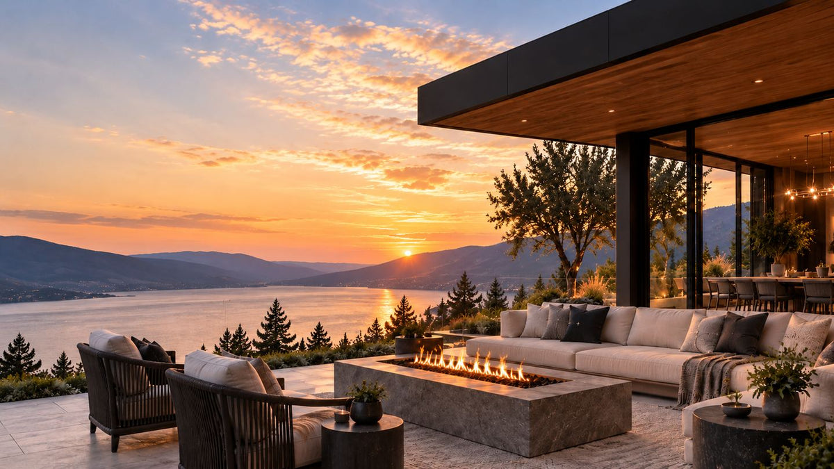 Luxury outdoor living overlooking an Okanagan lake at sunset