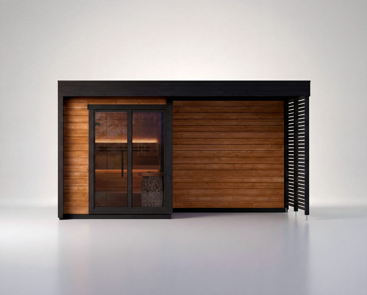 LEIL Patio S Plus manufacturer imagery with sheltered outdoor nook; optional terrace boards and furniture are not included