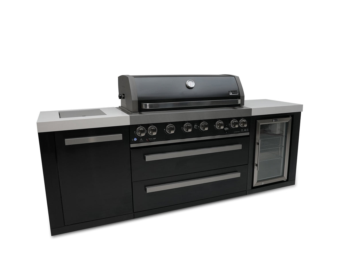Mont Alpi 805 Black Series outdoor kitchen with fridge angled view