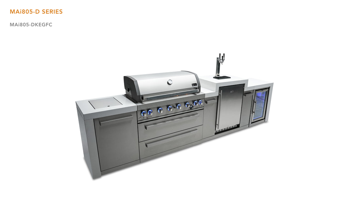 Mont Alpi MAi805-DKEGFC Deluxe outdoor kitchen with closed hood, raised kegerator and right-side fridge