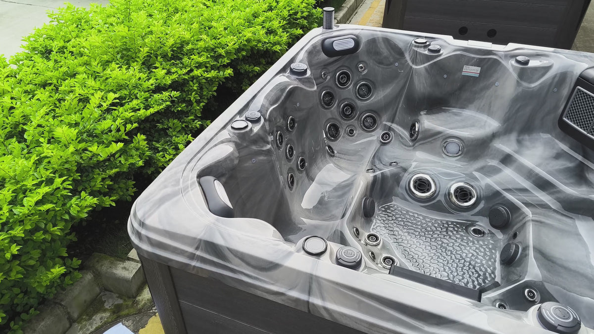 SkyBlue Vegas Max and Vegas Lite shared supplier film showing spa seating, jets, water features and details