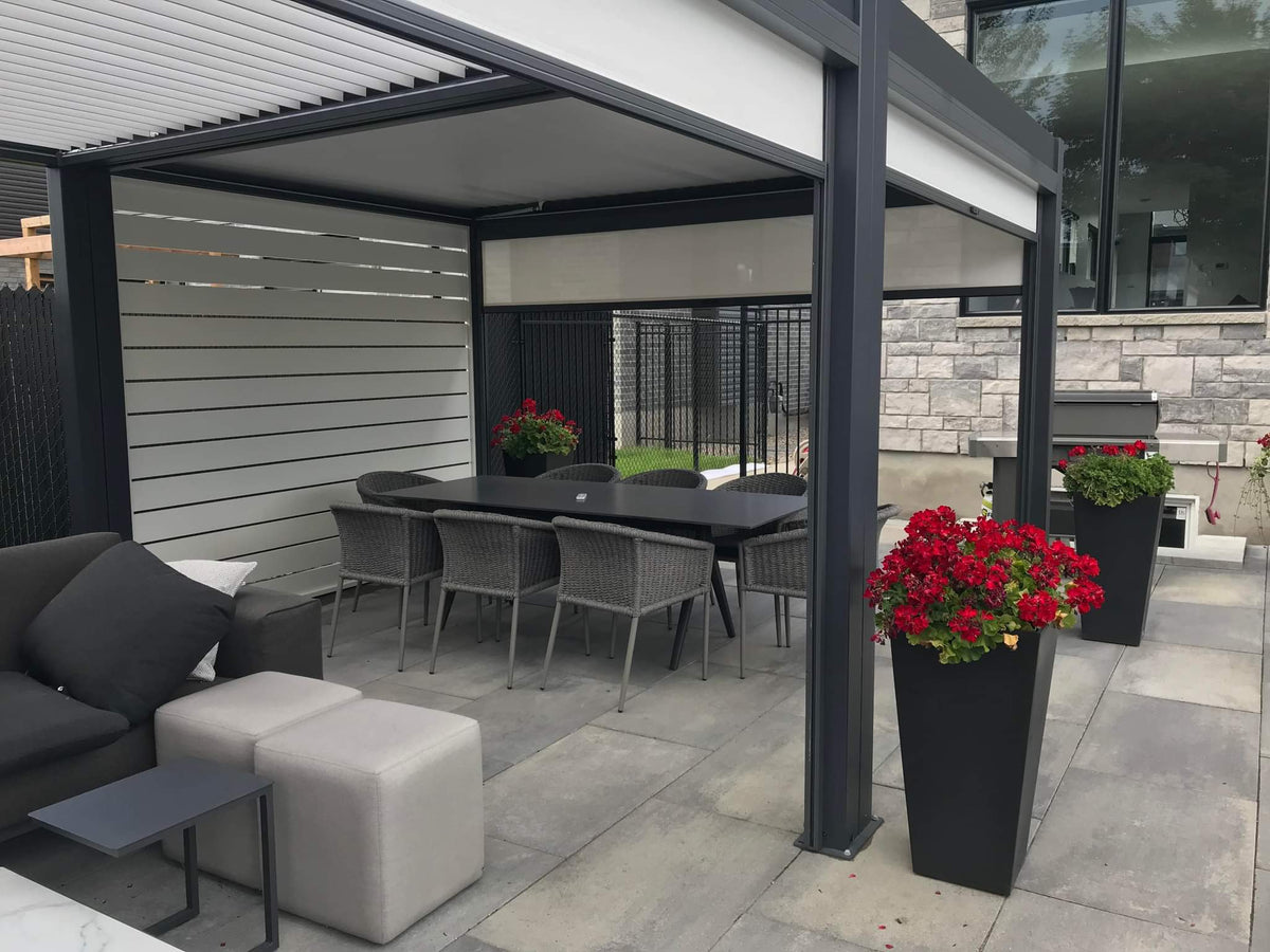 Procam Villa hybrid pergola installation with optional privacy accessories
