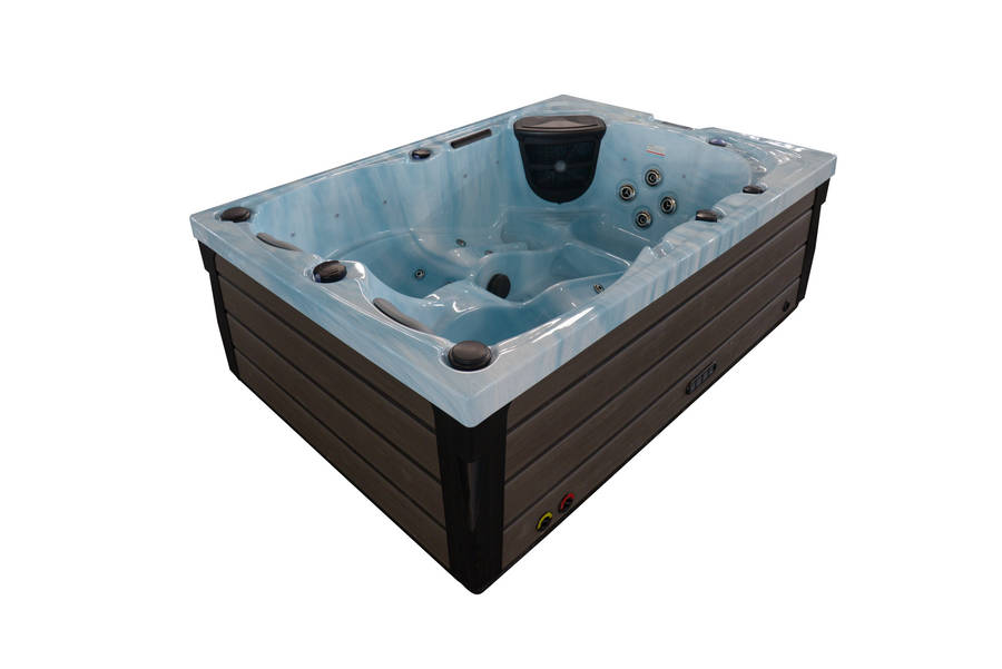 SkyBlue Alaska three-person hot tub with one seat and two loungers