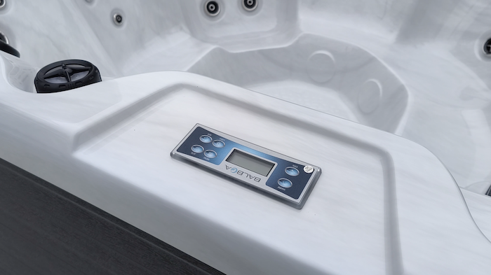 SkyBlue Montana hot tub, topside controls beside the lounge